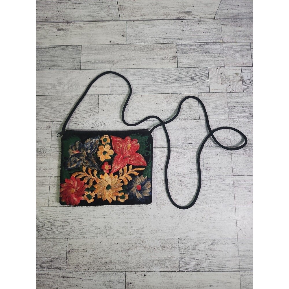 Mexican Handmade Embroidered Flowers Black Velvet Bag Zip 7" Hand Purse Shoulder